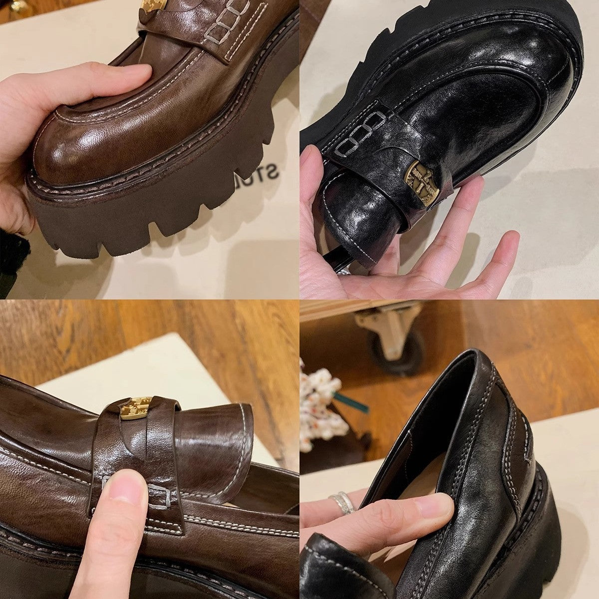Washed cowhide ~ 5.5cm heightened thick sole small gold coin loafers female British small brown small leather shoes single shoes