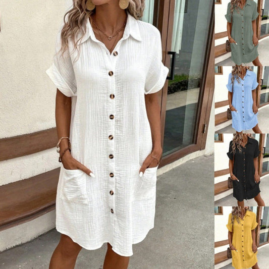 2025 AliExpress wish Amazon hot summer simple V-neck button cotton and linen dress women's shirt dress