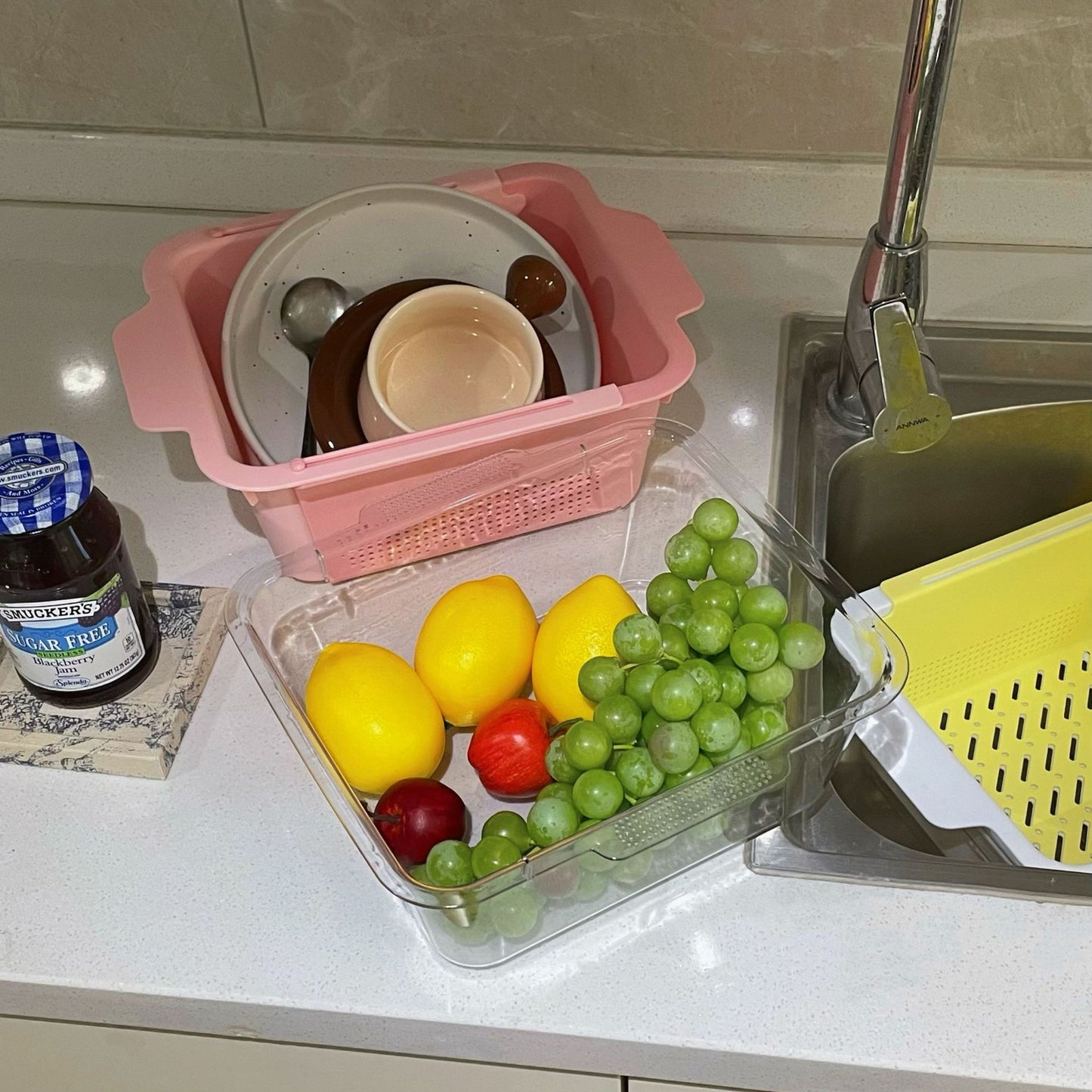 Retractable Draining Basket Macaron Tone Double Layer Multi-Purpose Multi-Purpose Fruit Plate Vegetable Basket Home Kitchen Supplies