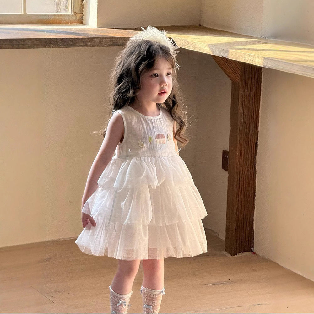Korean children's clothing 25 summer new girls children's Korean version cartoon sleeveless mesh patchwork dress princess gauze skirt