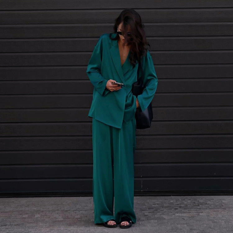 European and American ins style 2025 new fashion casual drape satin suit trousers two-piece set women's high-end wholesale