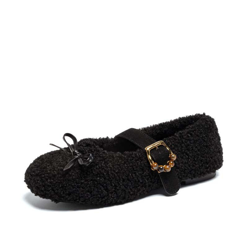 9727 Korean bow cashmere wool shoes women's 2025 autumn and winter new flat one-button Mary Jane shoes