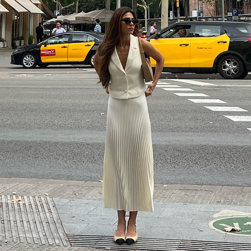 European and American cross-border women's clothing 2024 summer new suit collar suit vest top mid-length pleated skirt set