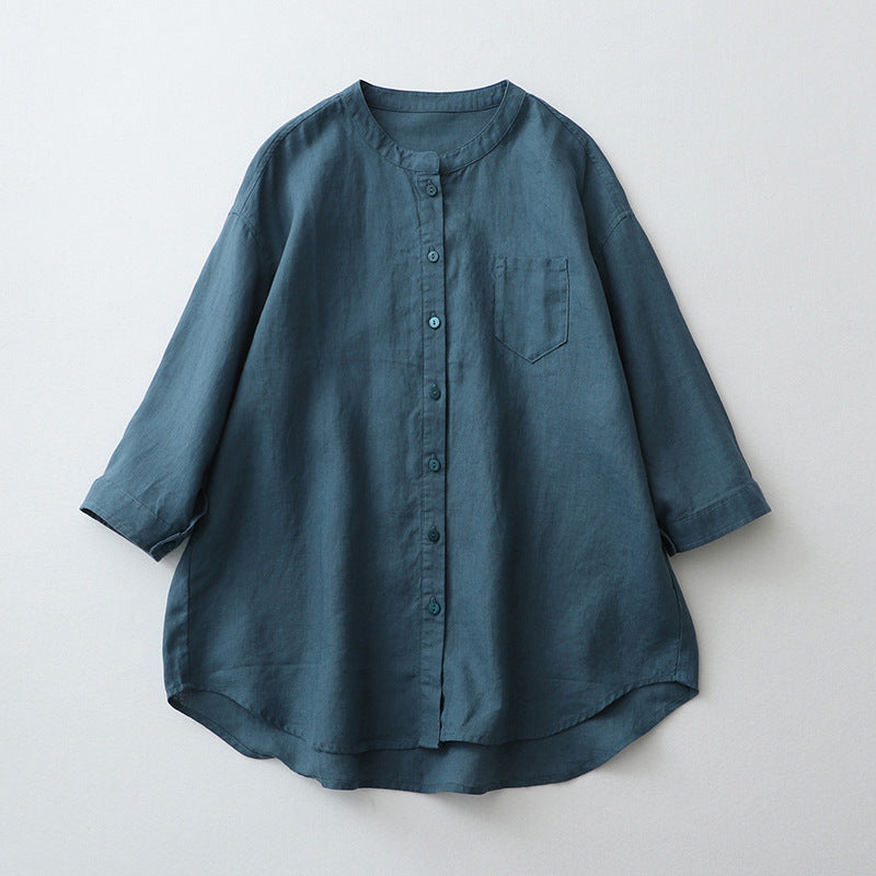 2025 summer linen shirt stand-up collar three-quarter sleeve white shirt loose plus size sunscreen shirt japanese cotton and linen women's clothing