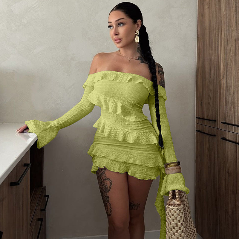 Europe and the United States hot sale 2024 autumn new products fashion straight shoulder ruffle bell sleeve streamer dress foreign trade wholesale