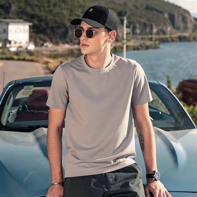 Cool ice silk cotton men's short-sleeved T-shirt summer white half-sleeved men's solid color mercerized t-shirt bottoming shirt