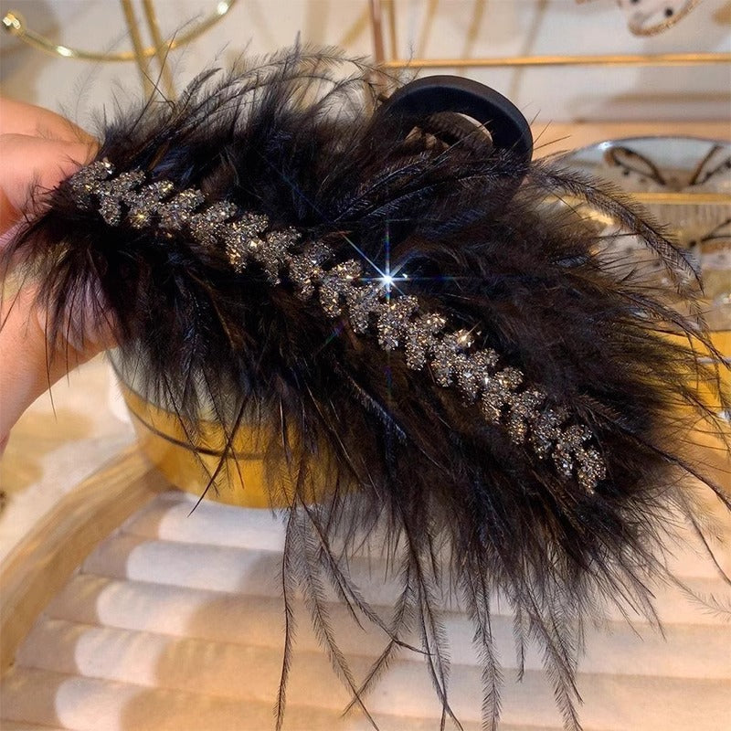 Feather grab clip large ostrich feather hair clip female bow shark clip black Japanese and Korean clip headwear