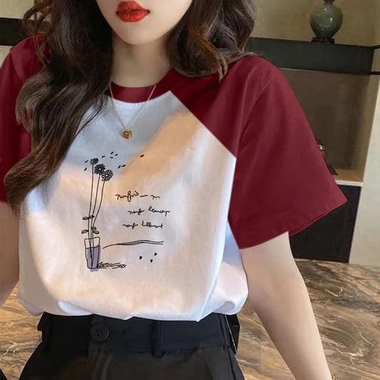100 cotton contrasting short sleeve t-shirt women's 2024 new spring and summer loose body shirt versatile top ins tide girl