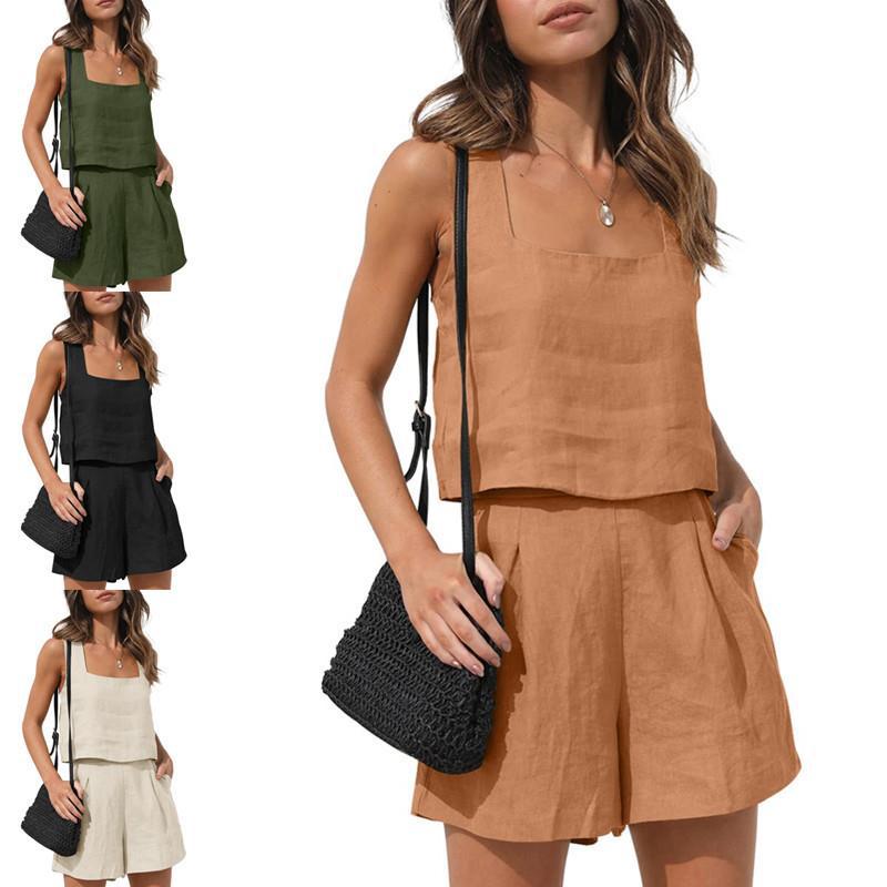 2024 Amazon New European and American Women's 2-Piece Casual Suit Linen Shorts Sleeveless Top Vest