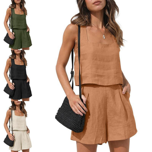2024 Amazon New European and American Women's 2-Piece Casual Suit Linen Shorts Sleeveless Top Vest
