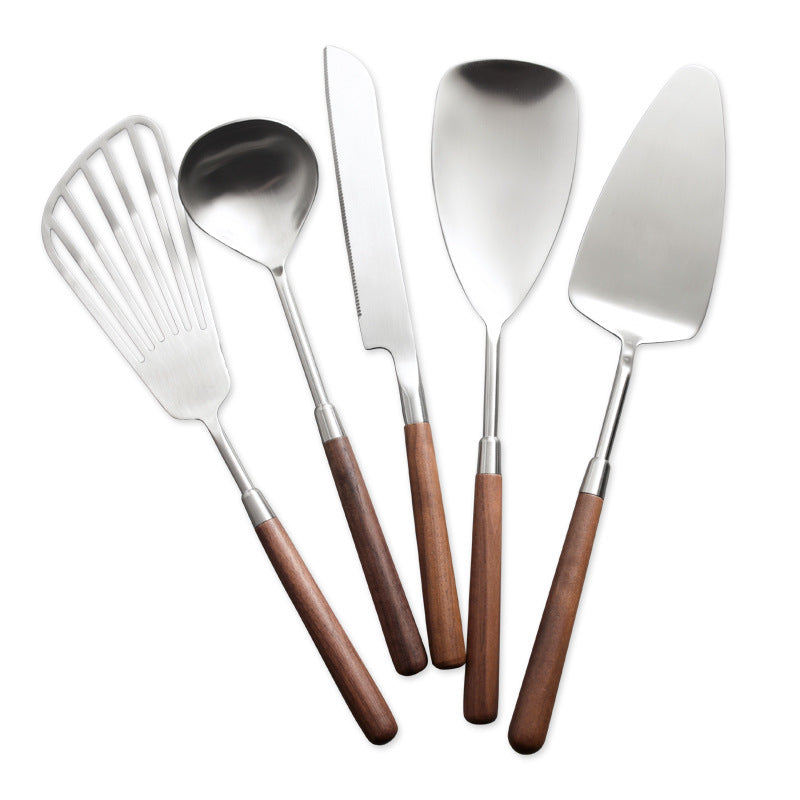 Kitchen household 304 stainless steel walnut handle spoon dispensing spoon spatula kitchenware set steak knife fork spoon cutlery