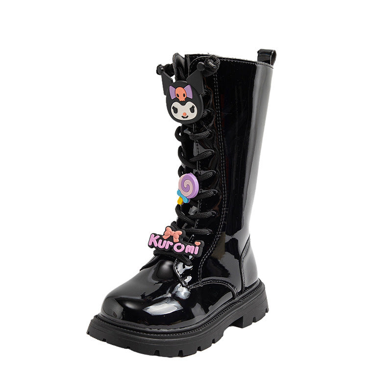 Girls' boots 2025 fall/winter fleece fashion black high boots Korean version of new Martin boots, princess boots leather boots
