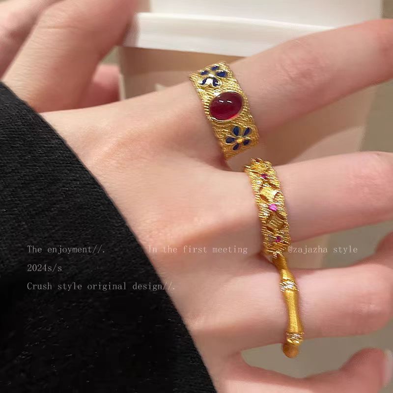 Court style retro gold enamel slub ring women's fashion high-end index finger ring new Chinese autumn and winter style ring