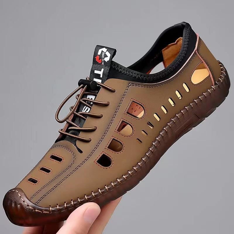 Men's Shoes, Cow Tendon Sole Leather Shoes, Men's Genuine Leather, Business Casual Cut-out Sandals, Men's Non-slip Driving Shoes, Hole Leather Shoes