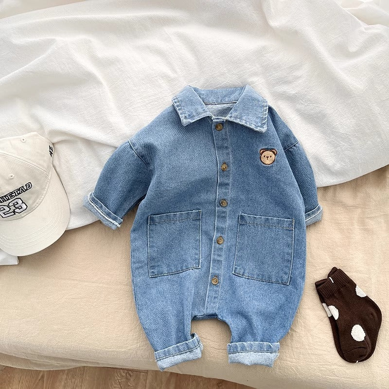 Baby onesies, spring and autumn denim bears, babies and toddlers, go out, hats, onesies, men's and women's baby climbing clothes