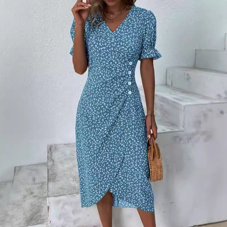 European and American independent station summer hot sale slim women's geometric collage puff sleeves irregular hem dress
