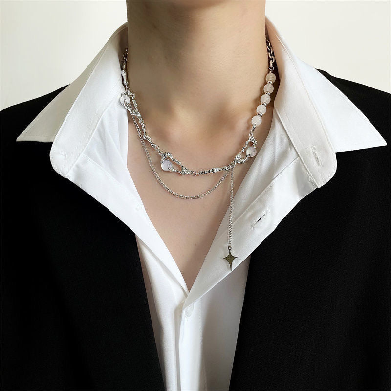 Niche design, high-quality opal, beaded splicing, tassels, four-pointed star necklace, women's light luxury, men's clavicle chain