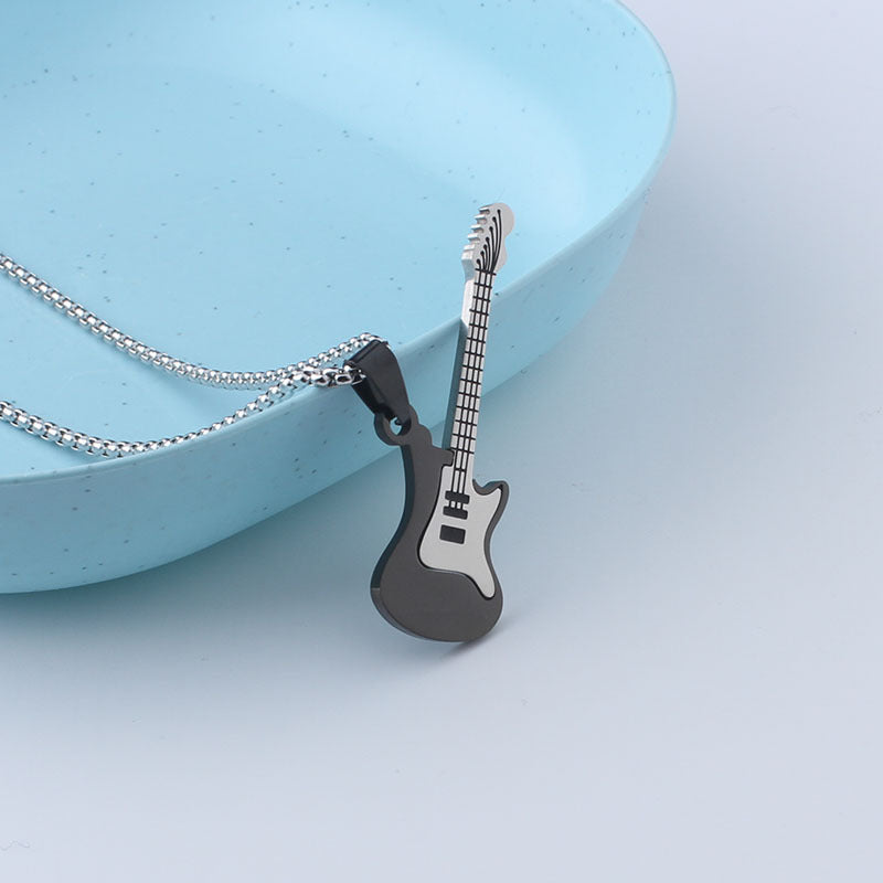 Guitar necklace men's hip hop titanium steel pendant men's and women's rock 'n' roll personality jewelry pendant sweater chain stainless steel jewelry