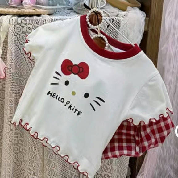 Korean girl fungus kt cat print short sleeve cotton T-shirt baby girl cute foreign and versatile cartoon top