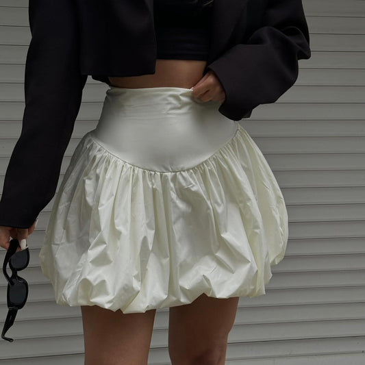 European and American women's cross-border new street fashion versatile solid color simple lantern mini slim slim short skirt