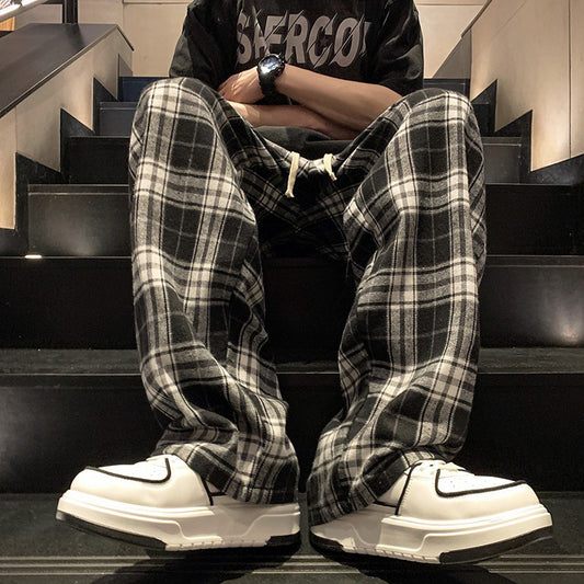 Handsome plaid pants men's summer Japanese lazy retro loose large size trendy brand casual sports wide-leg mop pants
