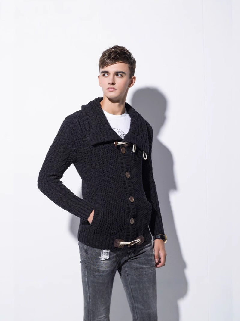 Men's sweater jackets, fashionable horn buttons, cardigans with fleece, thickened student youth sweaters, autumn and winter trends