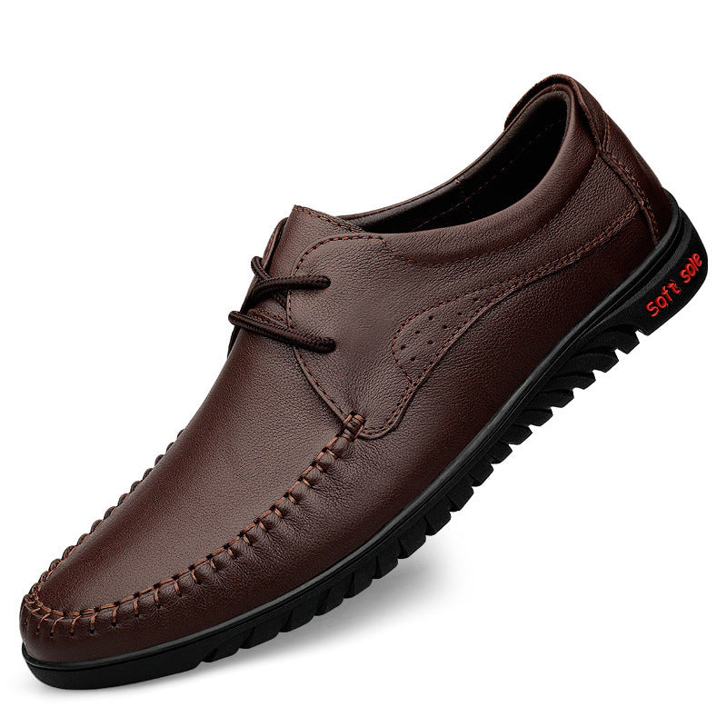 2025 men's spring and summer leather shoes, breathable for work, cowhide soft leather soft soles, casual hole leather shoes, middle-aged business shoes