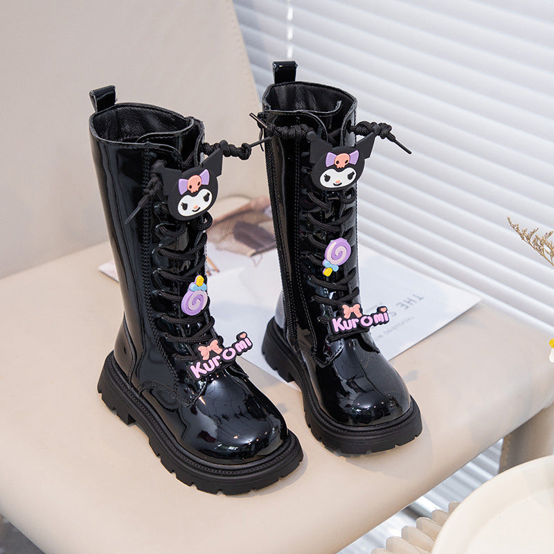 Girls' boots 2025 fall/winter fleece fashion black high boots Korean version of new Martin boots, princess boots leather boots