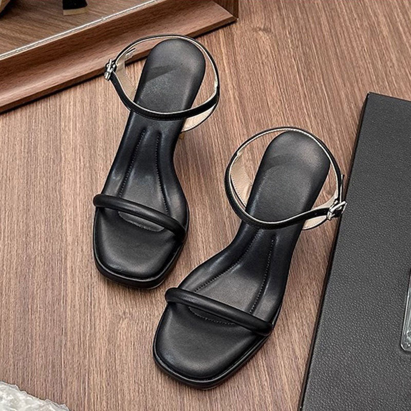 2025 new summer block heel strap high heels French feeling not tired feet waterproof platform square toe sandals women