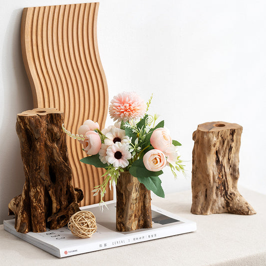 Chinese retro natural solid wood dried flower vase ornaments tea room dining table inserts simulated flower vase countertop decorations