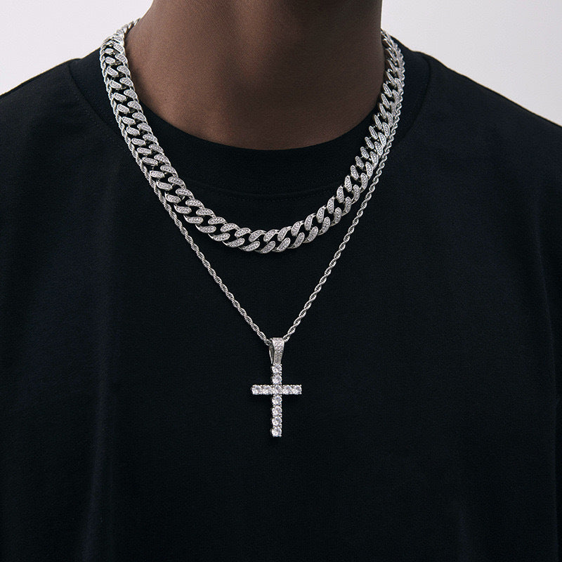 European and American cross-border hip-hop diamond-encrusted cross titanium steel necklace jewelry male hiphop simple high-end sweater chain female