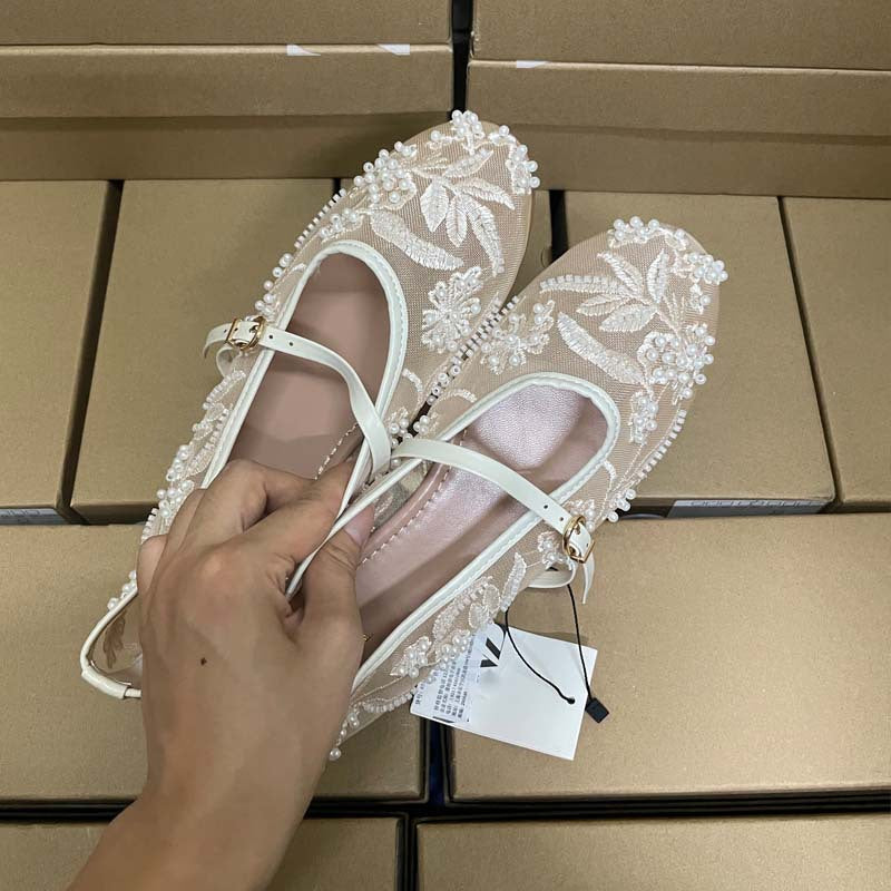 Embroidered pearl mesh ballet shoes women's fashion cut-out mesh round toe flat buckle strap Mary Jane shoes