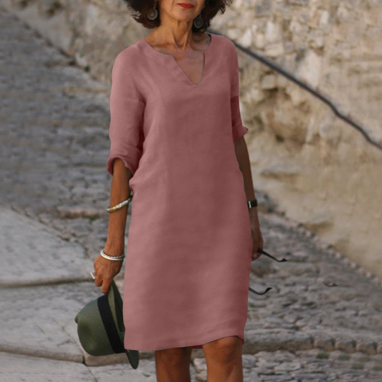 Amazon European and American cotton and linen V-neck stitching retro high-waisted solid color three-quarter sleeve dress cotton and linen wash crinkled fabric