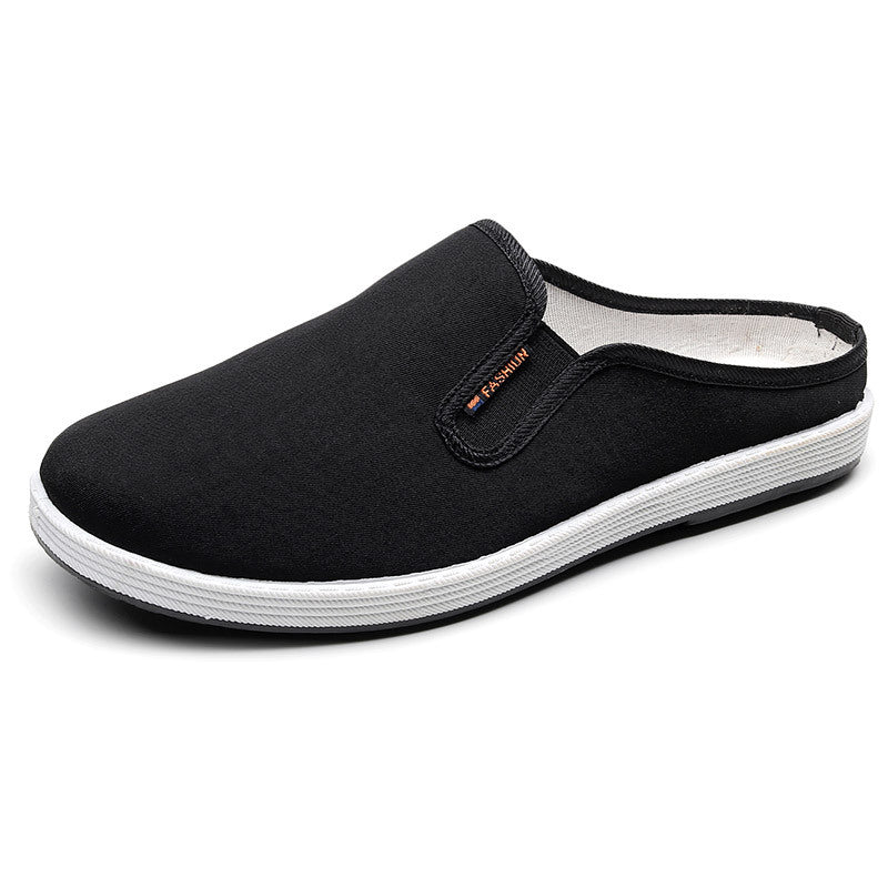 Old Beijing cloth slippers men's casual breathable and comfortable soft-soled canvas shoes, one-footed heelless toe toe half-support men's shoes