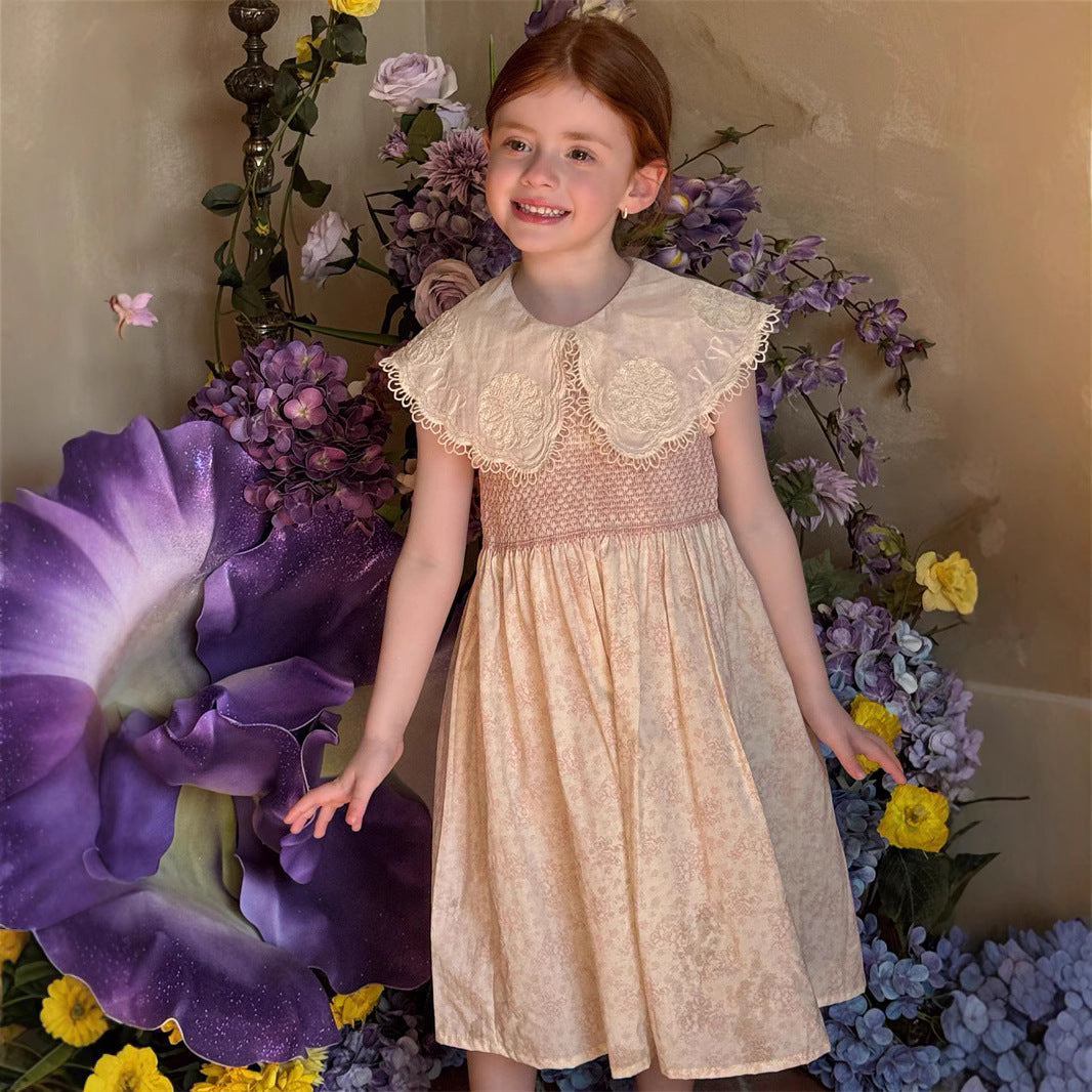 Orange Le 25 Summer Girls Lapel Sleeveless Floral Dress Girls Pick Up Heavy Industry Vintage Skirt