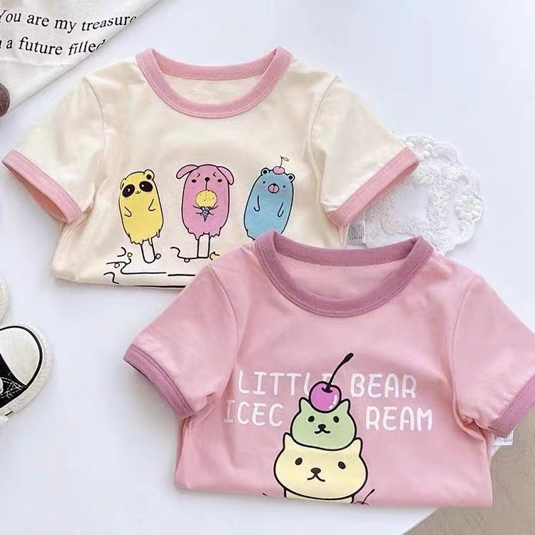 100% cotton girls short sleeve t-shirt cartoon print kids baby small kids loose and versatile top summer dress