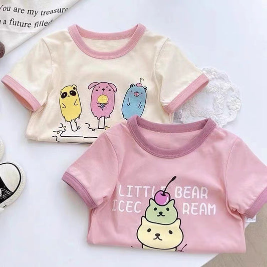 100% cotton girls short sleeve t-shirt cartoon print kids baby small kids loose and versatile top summer dress