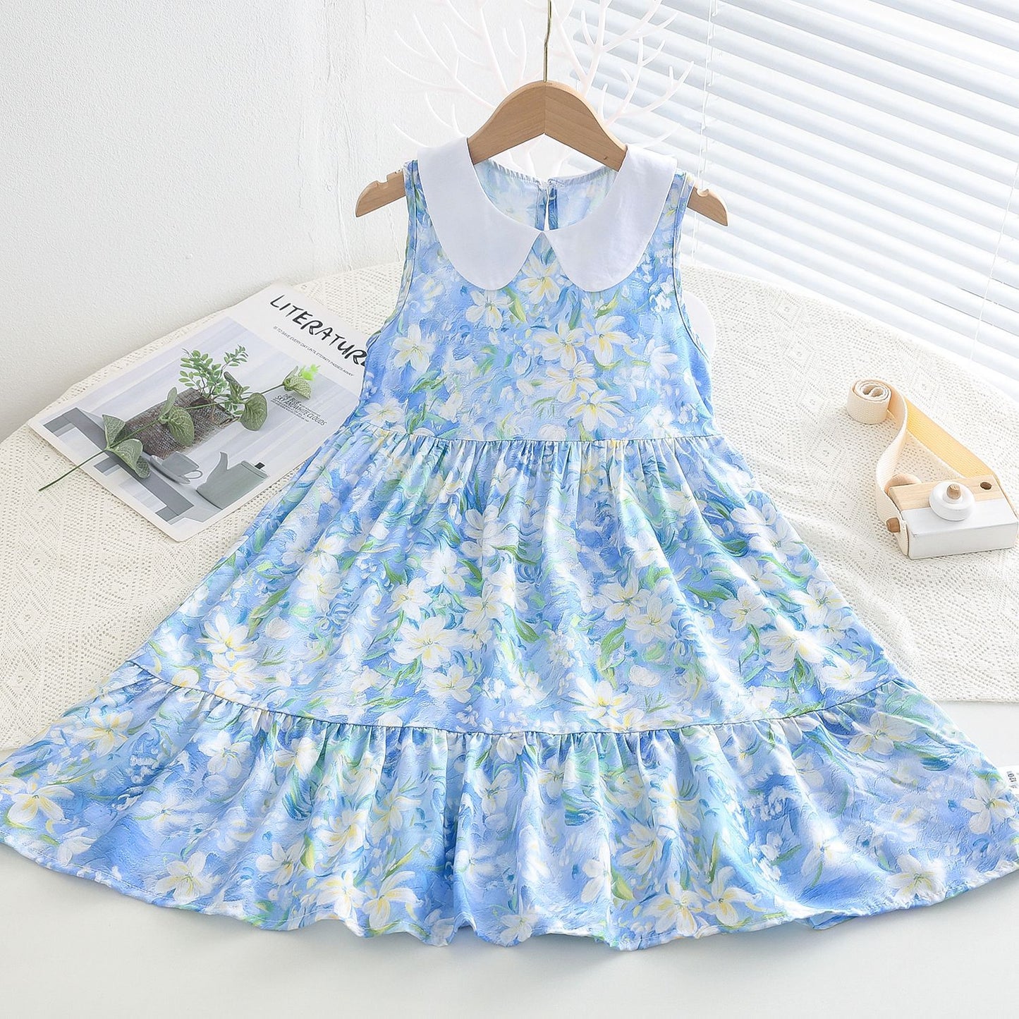 Girls Floral Cotton Silk Dress Summer New Children's Rayon Skirt Medium and Big Boy Doll Collar Princess Dress