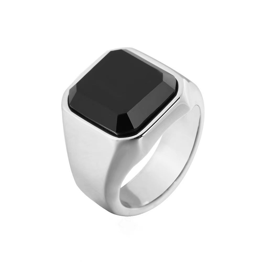 Fei Yu fashion retro domineering men's simple square black agate punk hip hop street silver ring ring