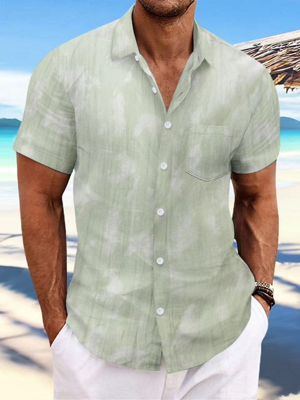 Cross Border Summer 2024 New Tie-Dye Lapel Short Sleeve Men's Beach Casual Athletic Shirt