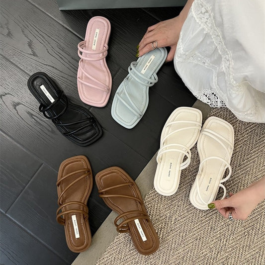 Fairy style summer two wear thin strap low heeled slippers women wear a new line strap simple with a skirt Roman sandals