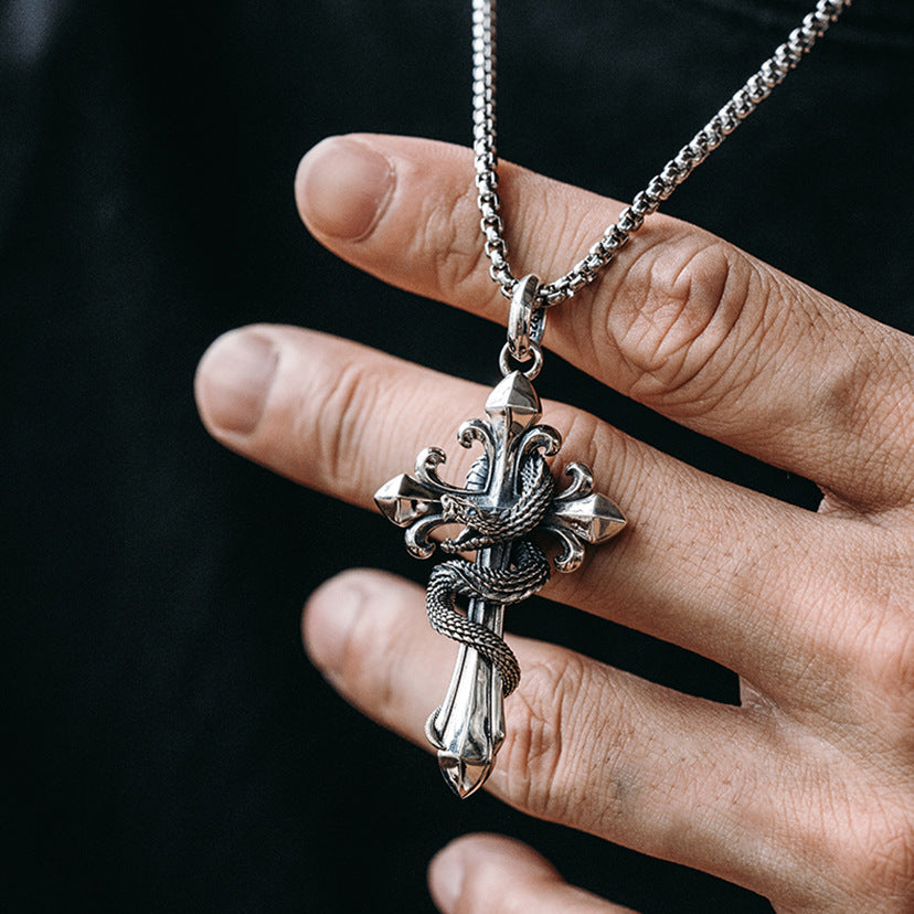 Retro national style natal year [spirit snake] kite blessing national tide cross pendant necklace male and female personality pendant necklace men