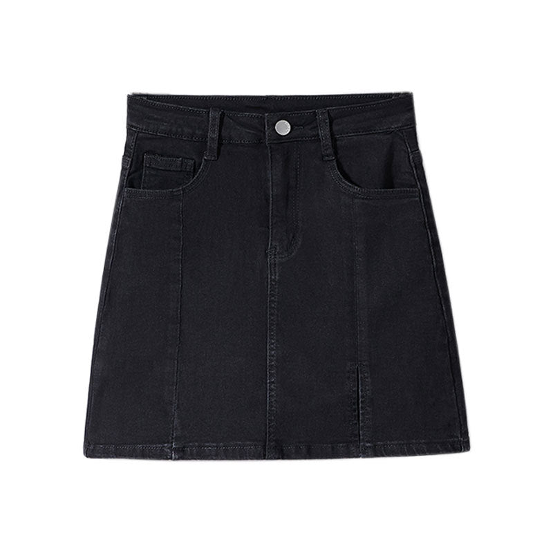Anti-walking denim skirt ins style new stretch high-waisted A-line short skirt slit hip black skirt women
