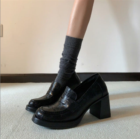 [8cm silent heel] thick heel loafers versatile commuting retro top layer soft leather high heel one foot leather shoe woman