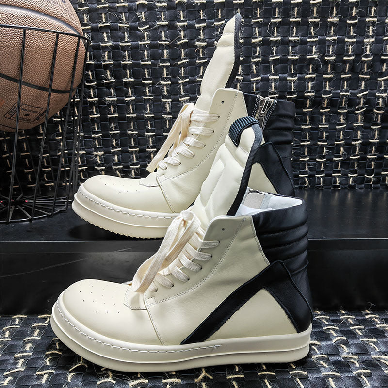 RO classic thin-soled inverted triangle autumn and winter high-top men's shoes black and white cowhide plus-size European and American fan casual couple trendy