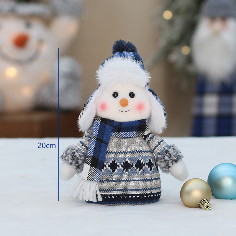 Cross-border Christmas decorations ski snowman doll tabletop doll blue plaid fabric Christmas iron foot snowman ornament