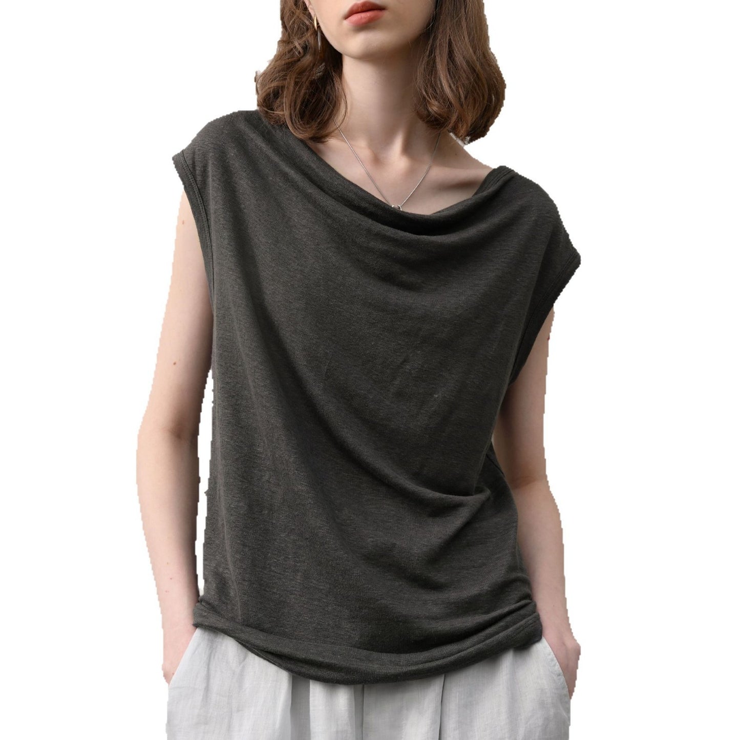100% hemp one-shoulder swing neck knit short sleeve summer high-end light sheer slim top French slouchy shirt