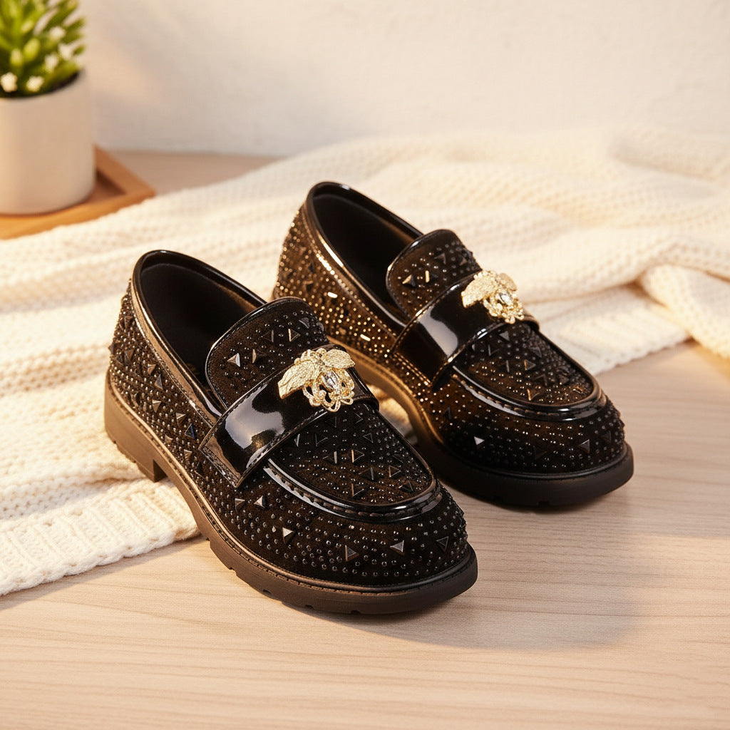 Black boys' leather shoes, British luxury full-diamond loafers, and high-end banquet performance shoes with African gold jewelry