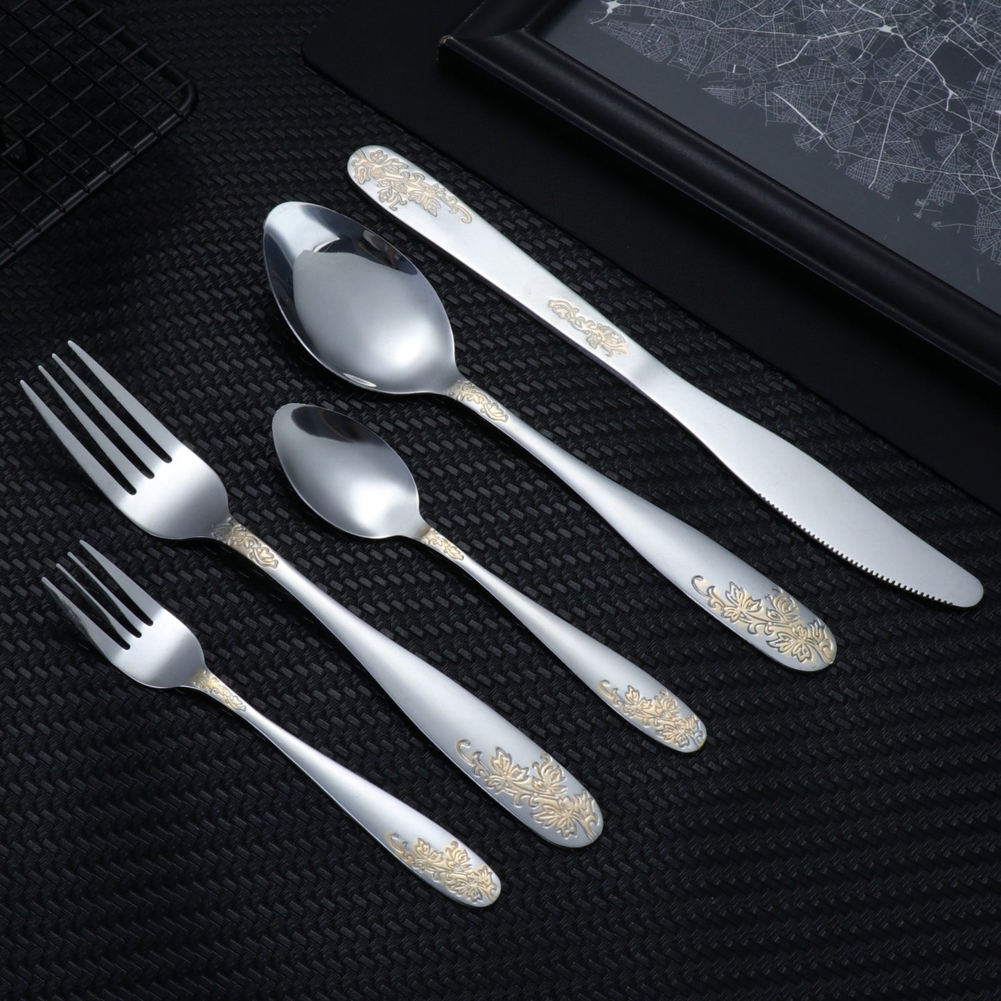 Amazon AliExpress cross-border hot selling morning glory series stainless steel tableware gold-plated knife, fork and spoon set food grade