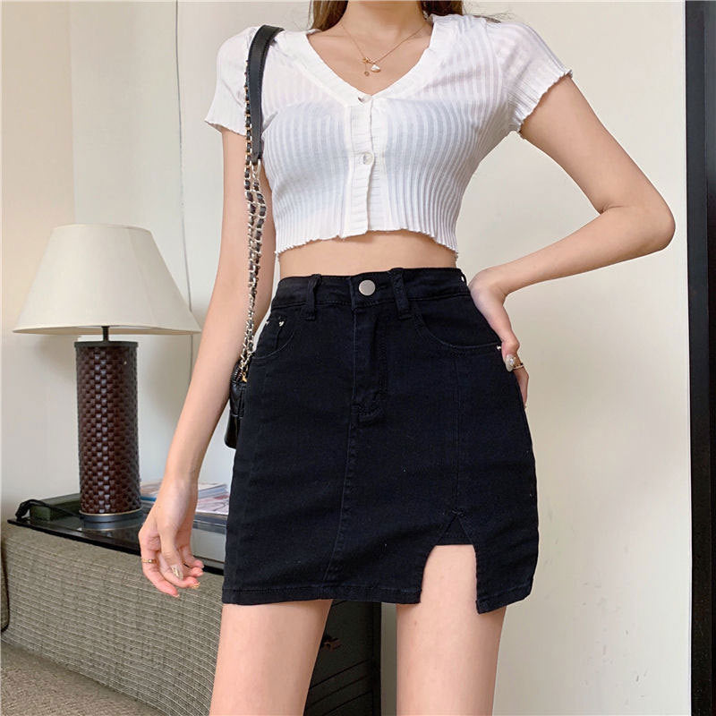 Anti-walking denim skirt ins style new stretch high-waisted A-line short skirt slit hip black skirt women